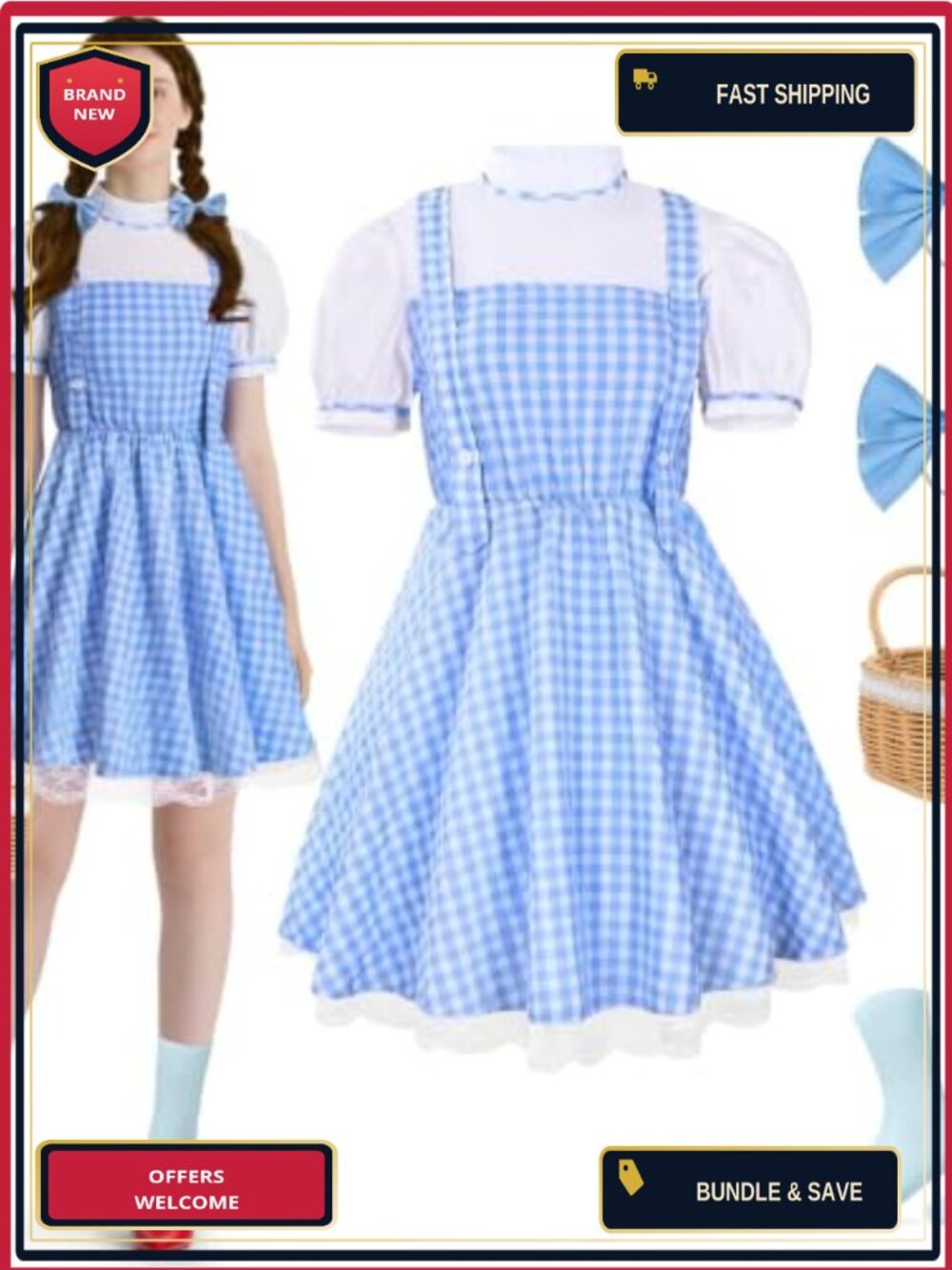 Halloween Costume Set Plaid Dress Basket Hair Ties Socks